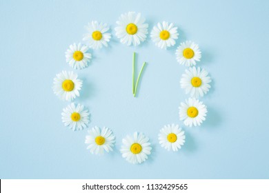 Flower clock created from fresh, beautiful white daisies on pastel blue background. Wild flowers. Soft light color. Time concept. - Shutterstock ID 1132429565