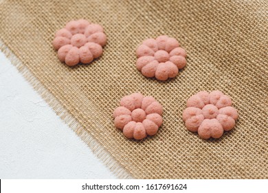 Flower Cookies On Rustic Cloth. Spring Holidays Cooking Concept, Flatlay, Copy Space.