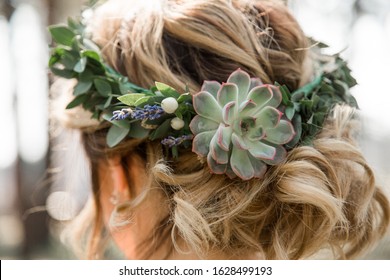 Flower Crown From Succulents - Unusual Wedding Hairstyle For Short Hair, Blonde