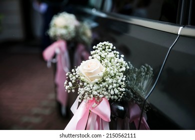 Flower Decor On Black Car. Wedding Car With Beautiful Decorations.