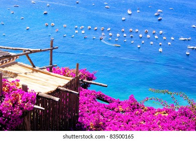 Flower Draped Terrace In Positano On The Amalfi Coast Of Italy