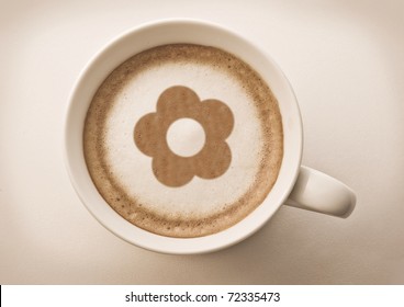 Flower Drawing On Latte Art Coffee Cup