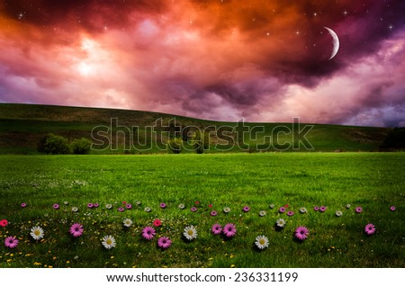 Similar – Image, Stock Photo Summer sunset in mountain village. Beautiful colorful evening