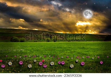 Image, Stock Photo Summer sunset in mountain village. Beautiful colorful evening