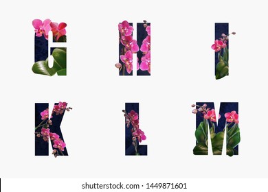 Flower font Alphabet g,h,i,r,l,m made of Real alive flowers with Precious paper cut shape of letter.Collection of brilliant flora font for your unique decoration in spring, summer & many concept idea