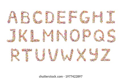 Flower font. Alphabet for kids. Holiday design, made from beautiful flowers. - Shutterstock ID 1977422897