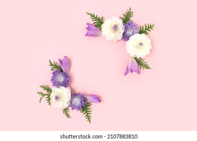 Flower Frame Made Of Dahlia On A Pink Background. Springtime Festive Concept With Copyspace.