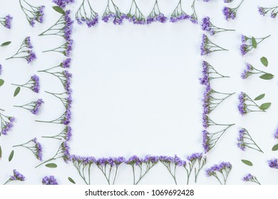 Flower And Leaves Frame Wreath Pattern Background, Flat Lay, Top View