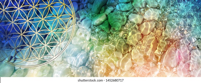 Flower Of Life In Crystal Clear, Sparkling Water With Rainbow Coloured Waves Of Light, Illustrating The Perfect Flow In The Rhythm Of Life