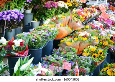 Flower Market With Various Multicolored Fresh Flowers