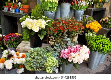 Flower Market With Various Multicolored Fresh Flowers