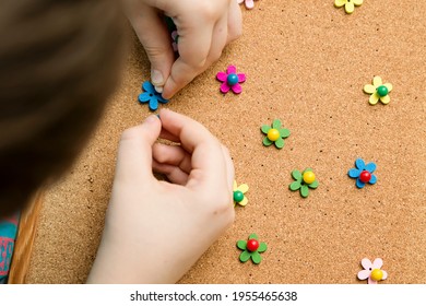 Flower Meadow. Pin A Blossom. Children Game On Cork Board With Colored Map Pins. Exercise For Fine Motoric Skils, Hand Coordination. 