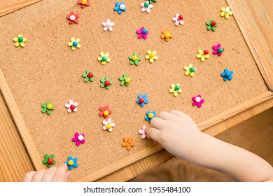 Flower Meadow. Pin A Blossom. Children Game On Cork Board With Colored Map Pins. Exercise For Fine Motoric Skils, Hand Coordination. 