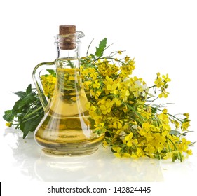 Flower of a mustard, Rape blossoms with bottle decanter oil, isolated on white background