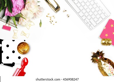 Flower on the table. Keyboard and stapler. Items on the table. Table view. Business accessories. Mock-up background.Peonies. Red nail. Flat lay