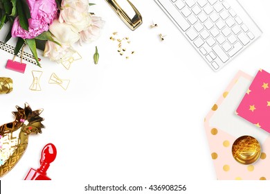 Flower on the table. Keyboard and stapler. Items on the table. Table view. Business accessories. Mock-up background.Peonies. Red nail. Flat lay