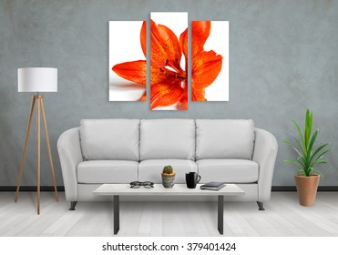 Flower on wall art canvas in three parts. Sofa, lamp, plant and table in room interior.