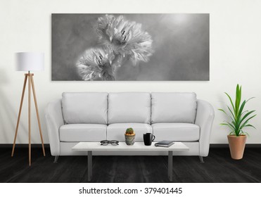 Flower on wide wall art canvas. Sofa, lamp, plant and table in room interior.