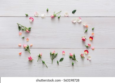 Flower Shop Background With Frame Of Pink Roses, Copy Space On White Rustic Wood. Bouquets Delivery Service Mockup