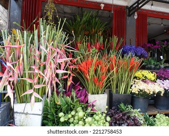 Flower Shop In Bali Indonesia, Colourful Flowers, Including Bird Of Paradise Flower. Flowers Used For Traditional Religious Offerings.