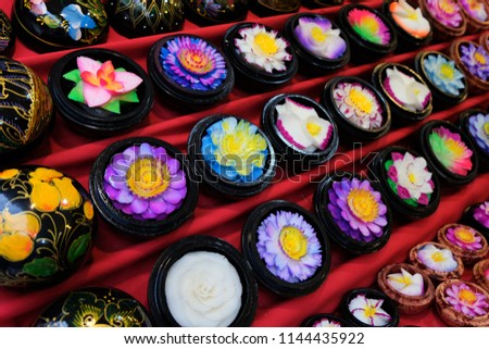 Flower soap carving display., Traditional handicraft souvenir from Thailand.