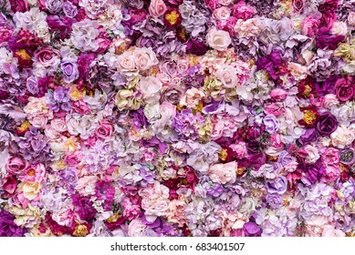 Flower Texture Background For Wedding Scene. Roses, Peonies And Hydrangeas, Artificial Flowers On The Wall.