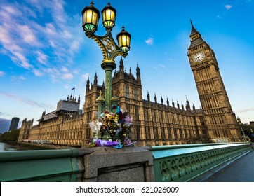  Flower Tributes For The Victims Of The March 22,2017  Terrorist Attack At Westminster Bridge, Big Ben  And British Parliament.