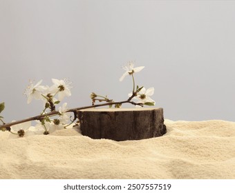 Flower twig, Wooden stump circle platform podium on beige sand background. Minimal empty display product presentation scene. - Powered by Shutterstock