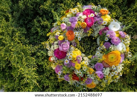 Flower wreath on green plants. Fresh wild flowers and herbs on garden, top view. Spring sunny day. Women or Mothers day celebration, copy space