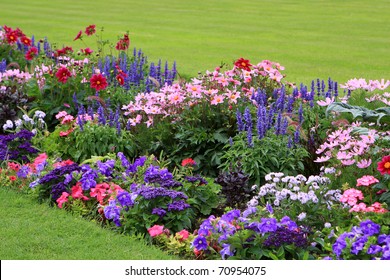 Flowerbed Full Of Flowers In Luxembourg Garden, France, Paris