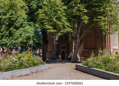 Flowerbeds in front of Akerk or Aa-kerk in Groningen city in The Netherlands.