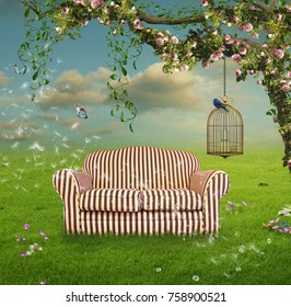 Flowered tree with roses and ivy in a field with a sofa and a cage