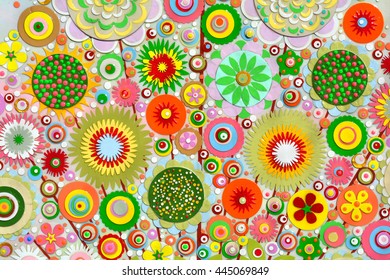 Flowers, abstract surface, composition made of paint layers, quelling with die cut and scissors, abstract background painting. 3d, three, dimensional embossing and carving.