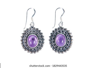 Flowers Amethyst Silver Earring Isolated On White Background. Round Violet Sapphire Silver Earring With Hook Isolated 