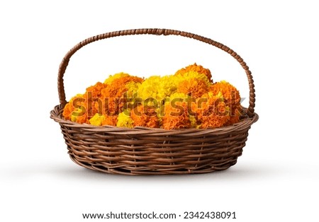 Flowers with basket isolated on white background, Onam and Diwali concept image