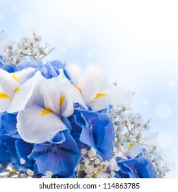 Flowers In A Bouquet, Blue Hydrangeas And White Irises