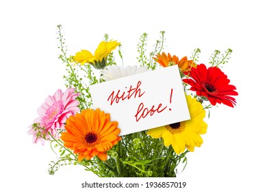Flowers bouquet and greeting card isolated on white background