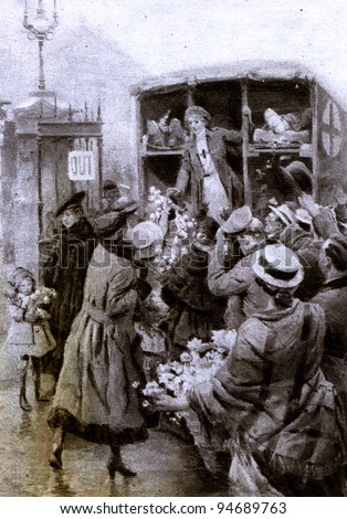 Flowers for the brawe at Charing Cross - illustration from "Great War" magazine, vol. 156, UK, circa 1917