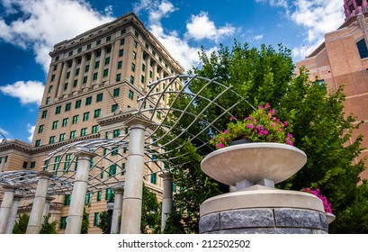 Flowers and Buncombe County Courthouse, in Asheville, North Carolina.