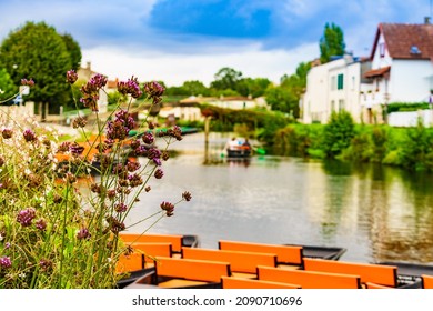 Flowers By River And Coulon Town In The Background. Deux Sevres, New Aquitaine Region, France