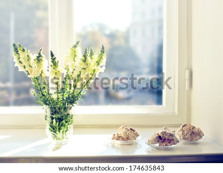Flowers and cakes at early morning