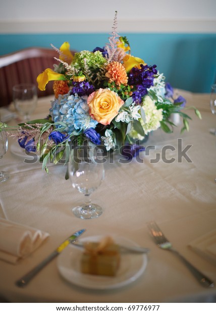 Flowers Centerpiece Wedding Reception Table Shallow Stock Photo