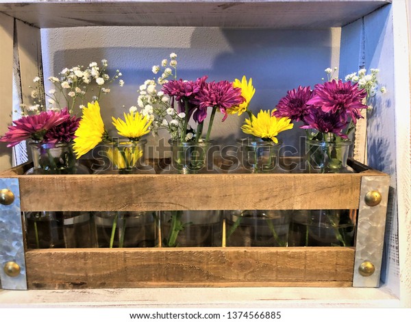 Flowers Clear Glass Vases Lined Wooden Stock Photo Edit Now