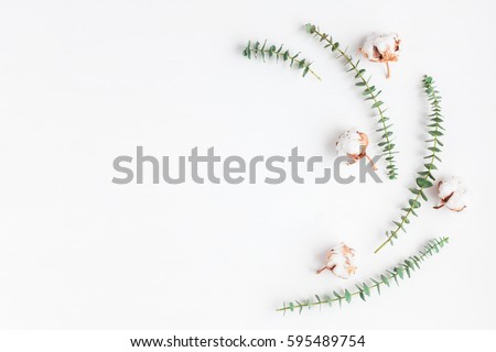 Flowers composition. Frame made of fresh eucalyptus branches and cotton flowers. Flat lay, top view, copy space