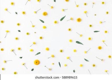 Flowers composition. Frame made of various yellow flowers on white background. Easter, spring, summer concept. Flat lay, top view, copy space