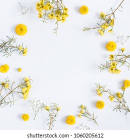 Flowers composition. Frame made of yellow flowers on gray background. Flat lay, top view, square, copy space