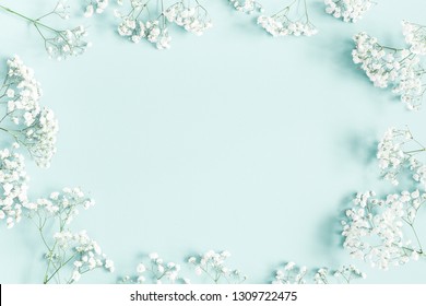 Flowers Composition. Gypsophila Flowers On Pastel Blue Background. Flat Lay, Top View, Copy Space