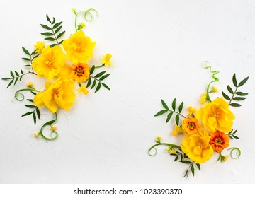 Flowers Composition Oh White Background With Spring Flowers. Easter Concept With Copy Spase. Flat Lay, Top View.