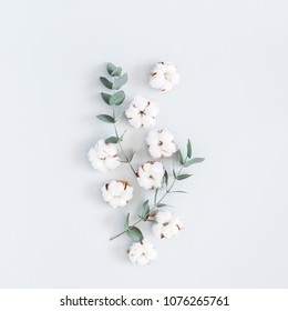 Flowers composition. Pattern made of cotton flowers and eucalyptus branches on pastel blue background. Flat lay, top view, square