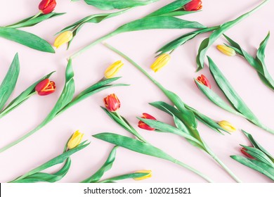 Flowers Composition. Pattern Made Of Tulip Flowers On Pink Background. Flat Lay, Top View.